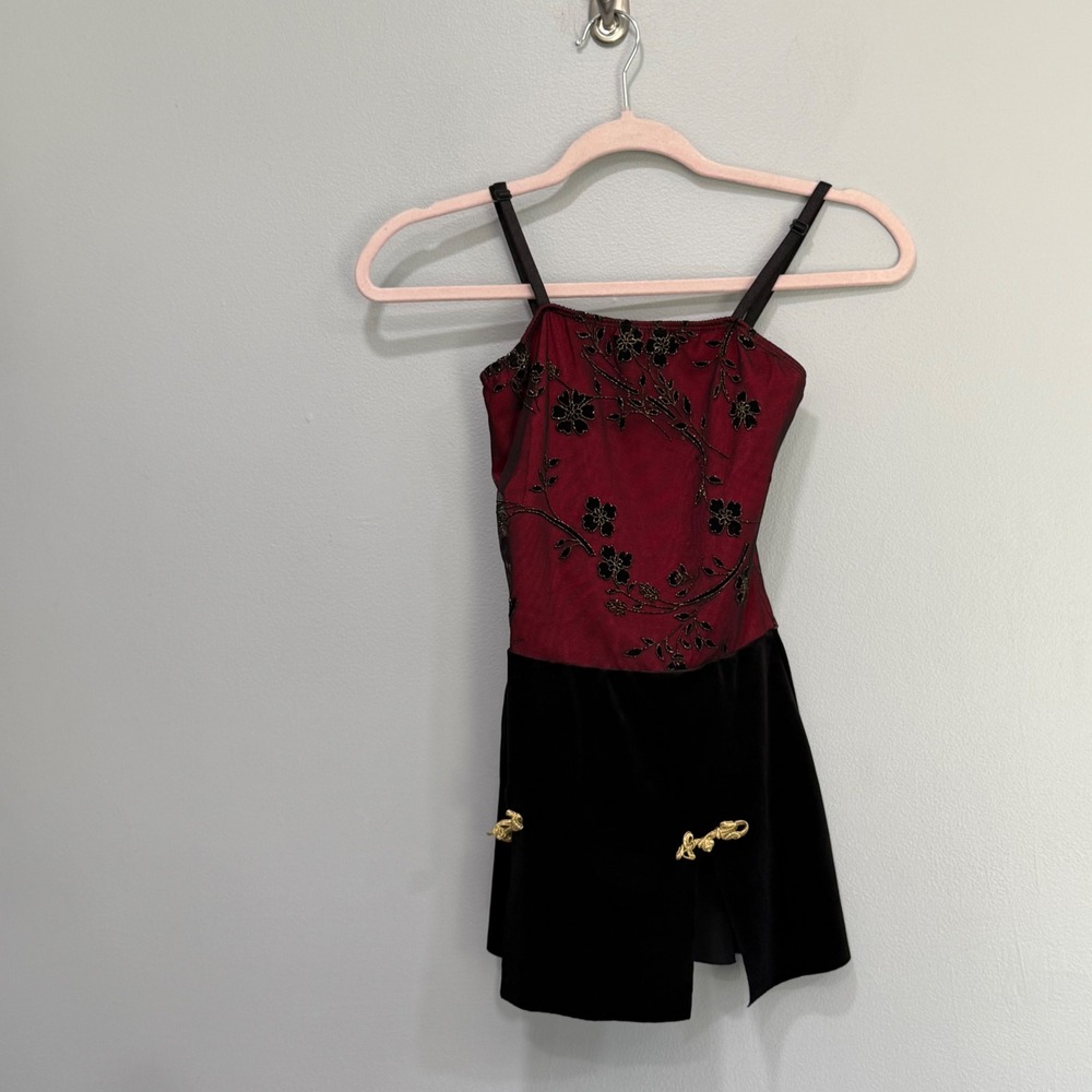 Dansco Girls Red Black Floral Mesh‎ Velvet Figure Skating Dance Dress Size LC